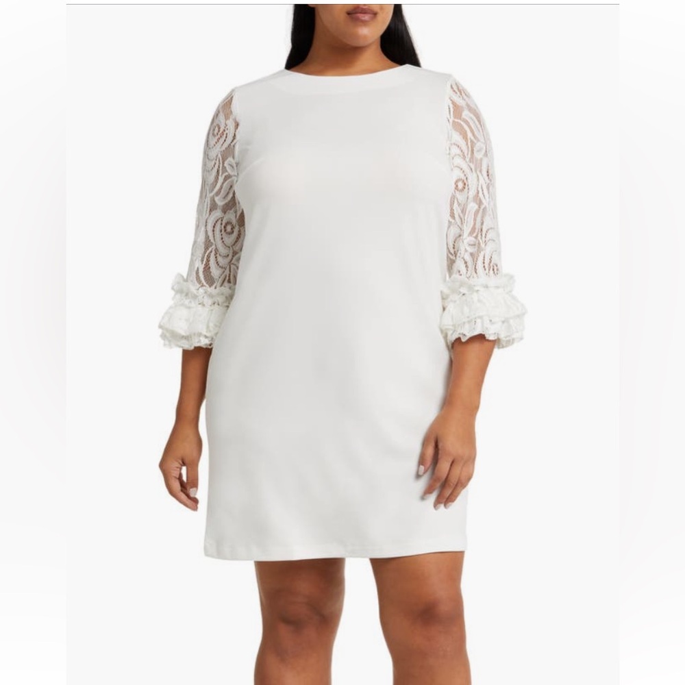 MAREE‎ Pour Toi White Dress Lace Sleeves Ruffle Jewel Neck Wedding Size 14 NWT